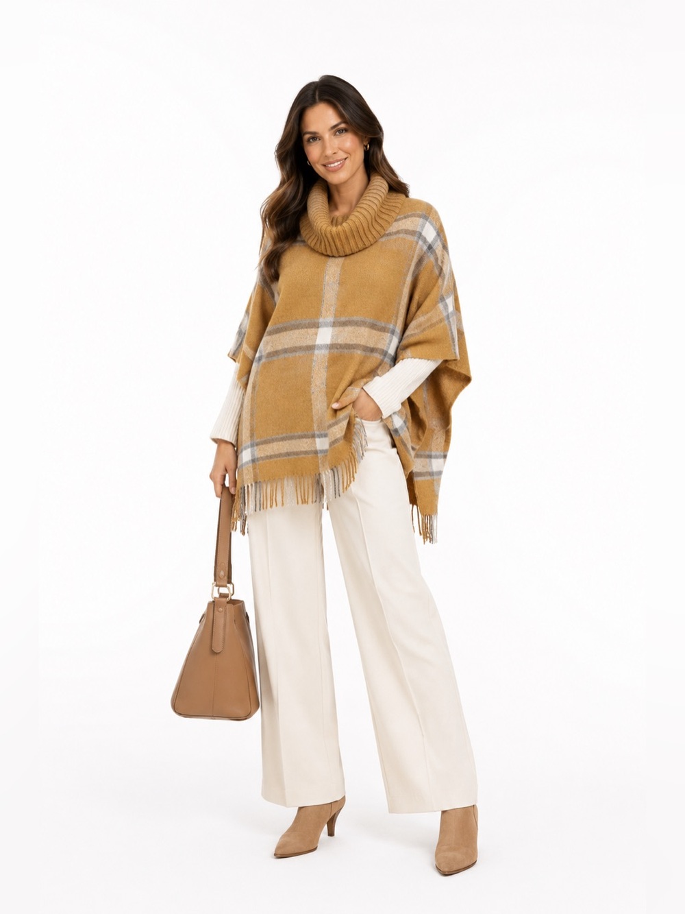 Johnston & Murphy Mustard Plaid Turtleneck Fringe Poncho